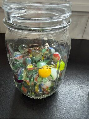 Vintage MARBLES QUART JAR of OLD GLASS MARBLES random mixed